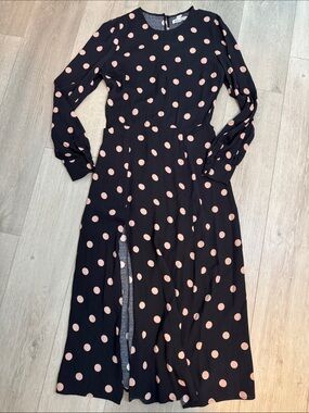 Reformation Black Midi Dress with Beige Polka Dots